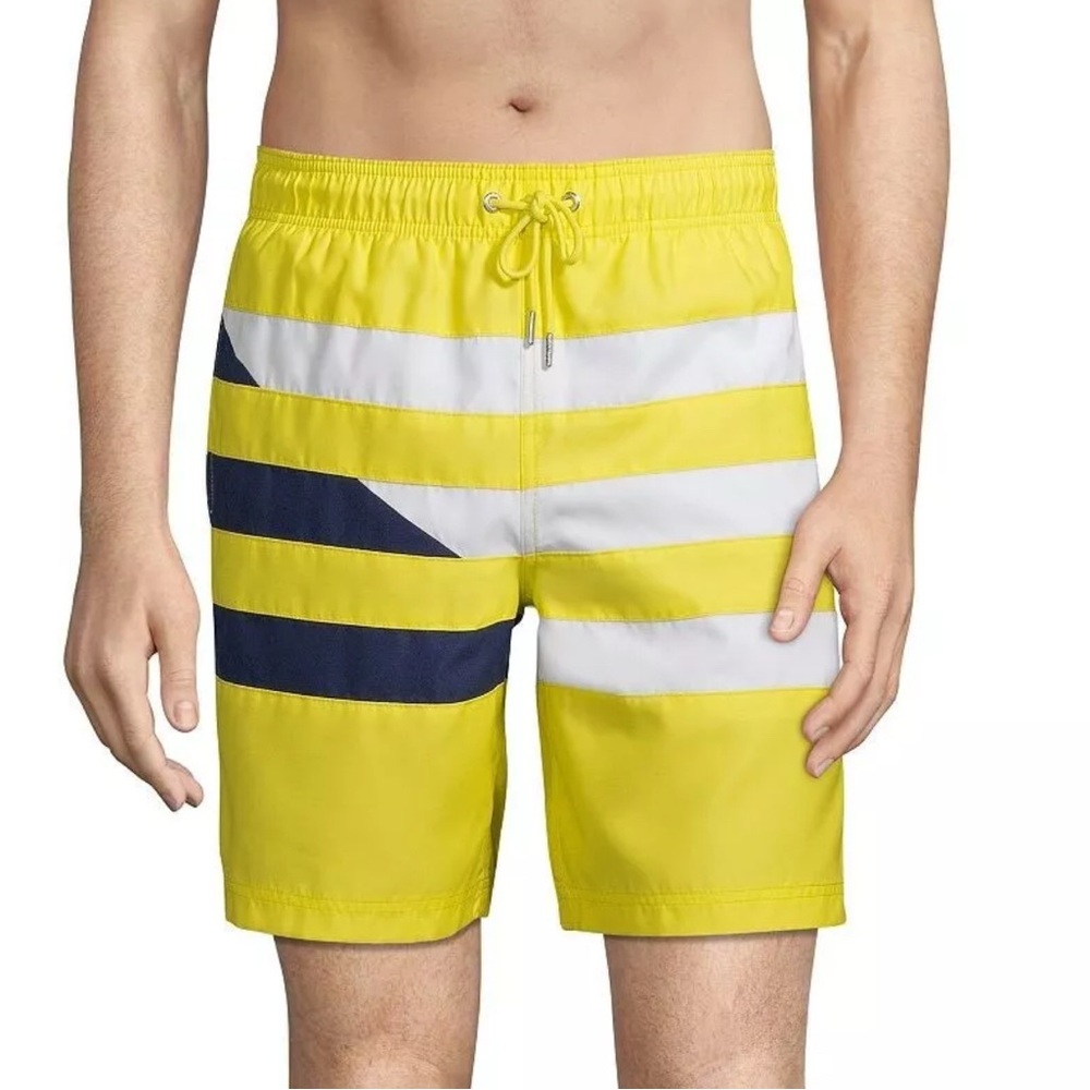 Lands' End Yellow and White Swim Trunks with Bold Stripes men’s size medium